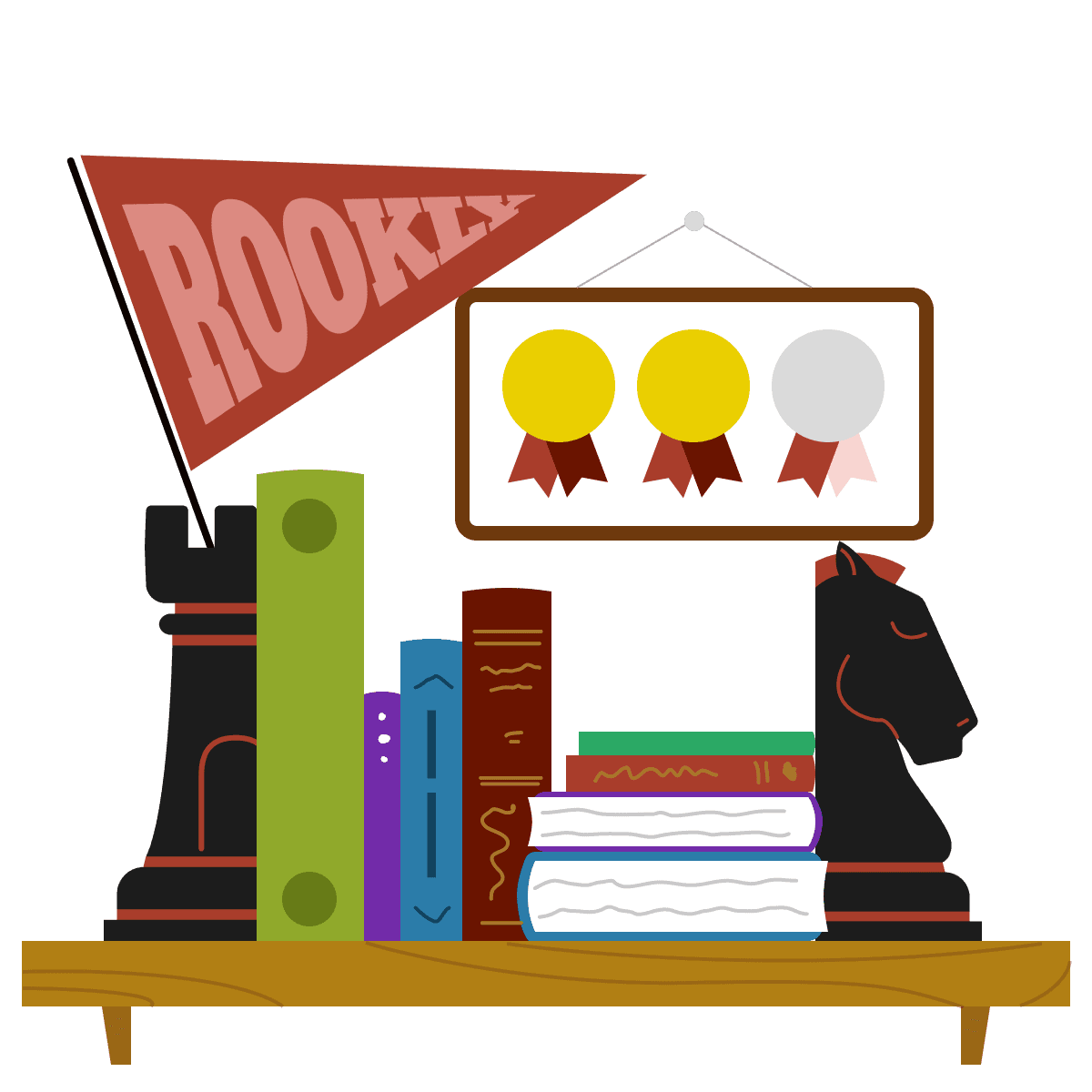 A bookshelf with a rook, knight, books, and a Rookly pennant