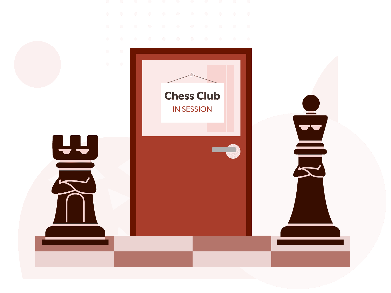 A king and a queen protecting a closed classroom door