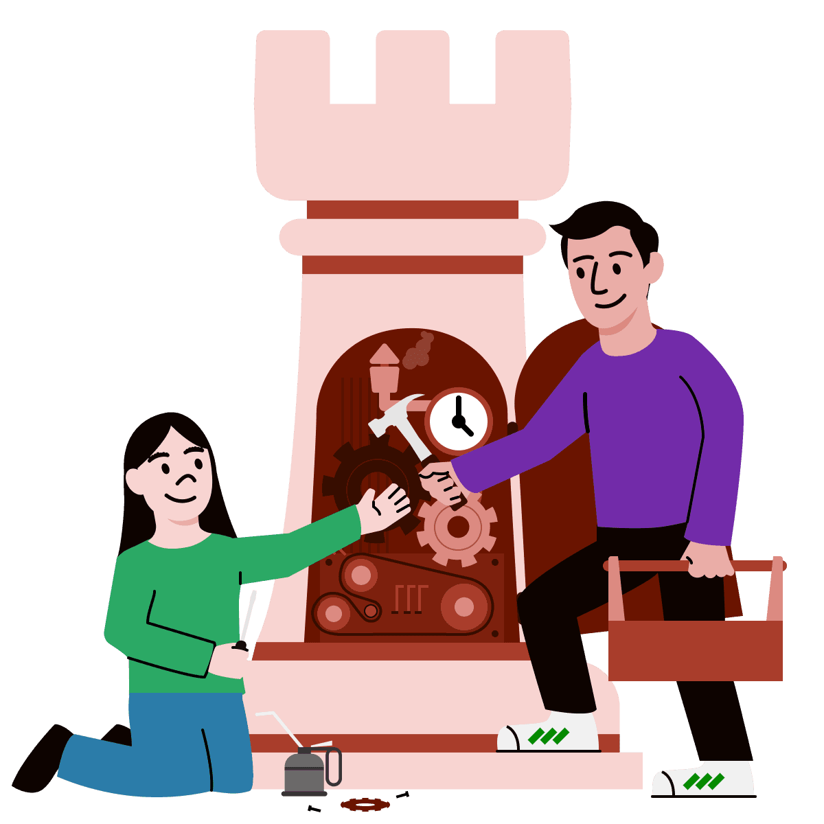 Students playing around with an opened-up rook containing gears inside.