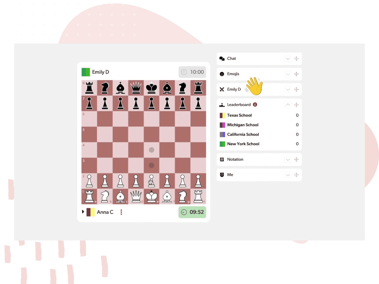Screenshot of a student playing on Rookly, seeing the board, leaderboard, and an emoji sent by their opponent